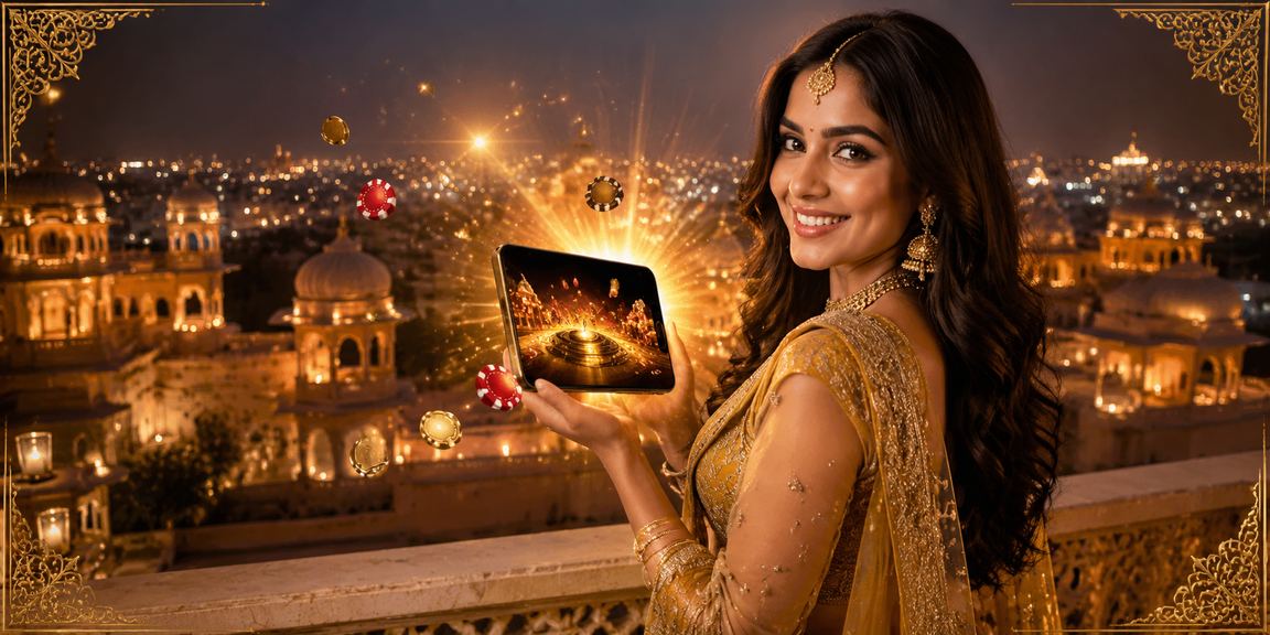 Evening Indian market illuminated with digital screens for online betting