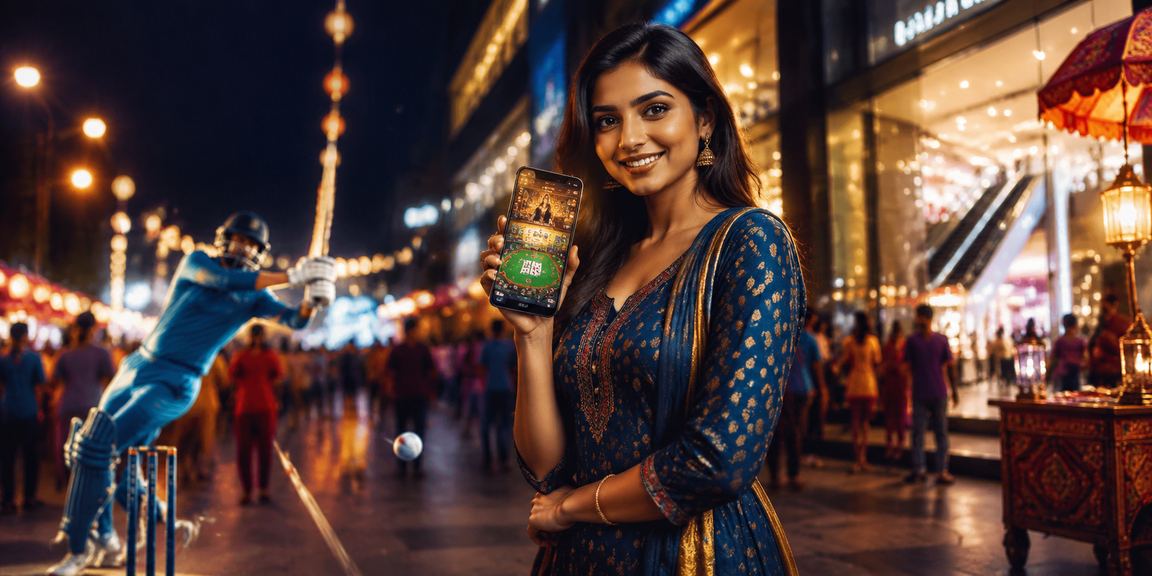 A woman in kurti enjoying cricket betting on mobile